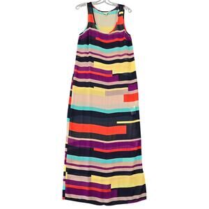 Guess Black Multicolor Vibrant Striped Maxi Dress Slit Sleeveless Women's Size M